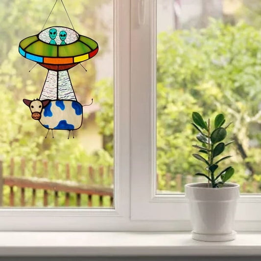 UFO Abduction a Cow Stained Glass Suncatcher