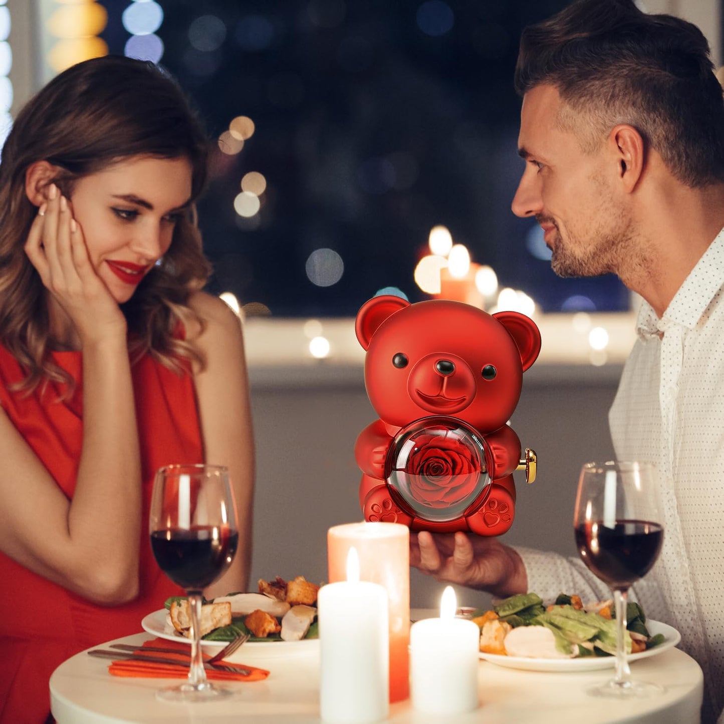 Romantic Teddy Bear with Preserved Rose